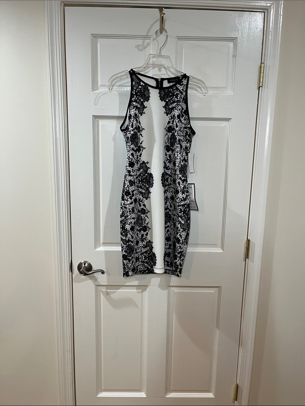 B Darlin Black and White Lace-Pattern Bodycon Dress
